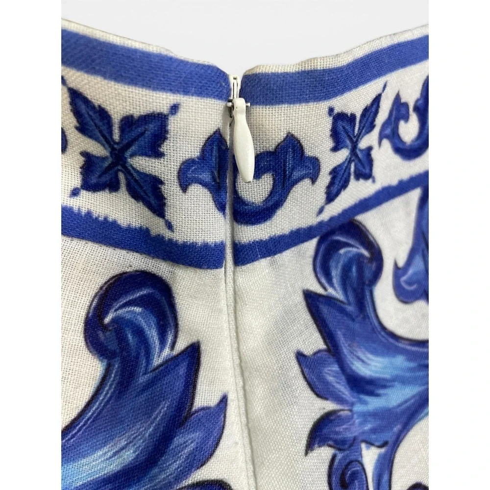 BSB Collection Blue White Majolica Print Tiered Ruffle Maxi Skirt Womens 42 US 6